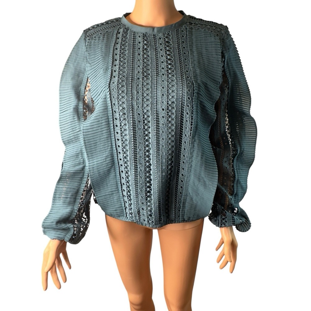 CALLIGRAPHIE Teal Blue Lace Paneled Pleated Sleeve‎ Blouse Top M